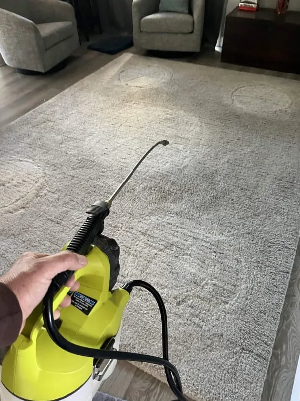 Person holding yellow handheld steam cleaner above carpet in living room with upholstered chairs